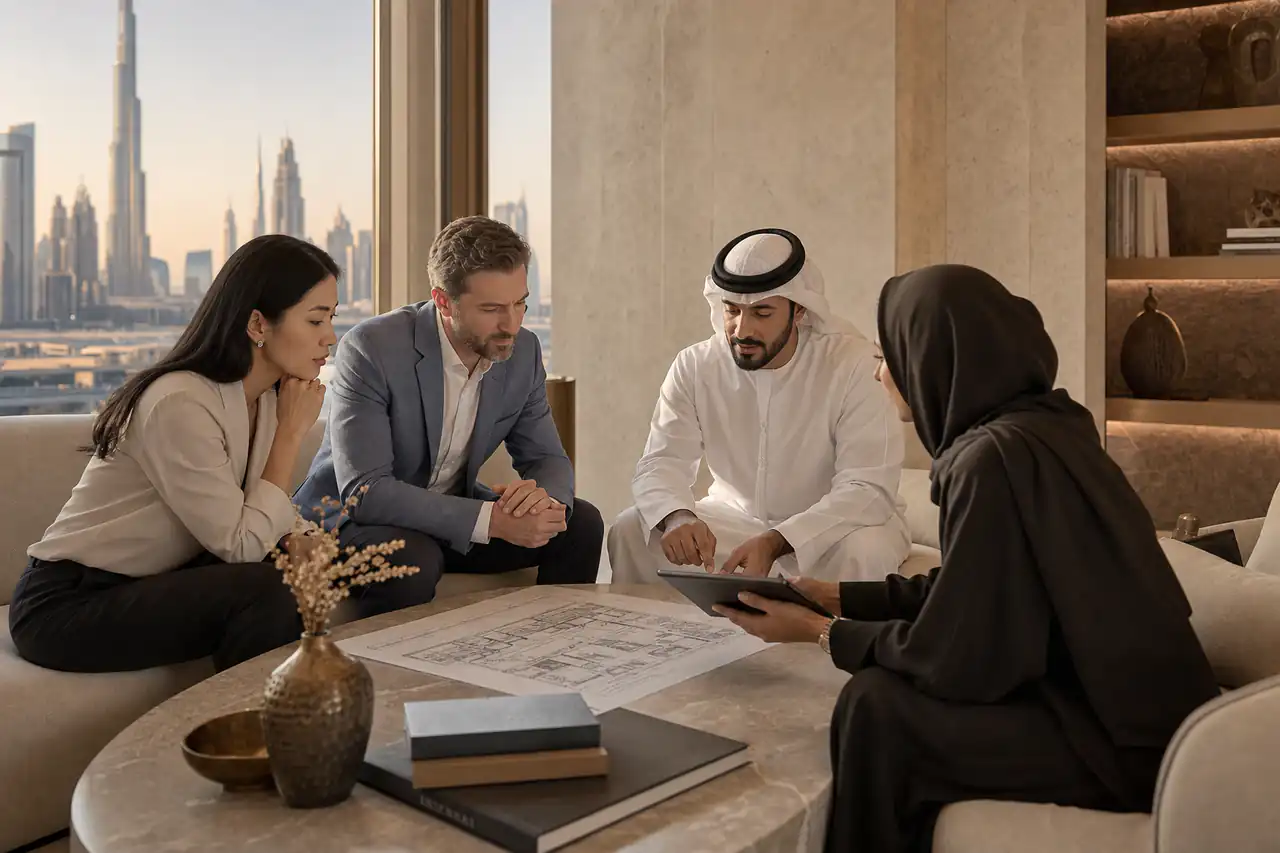 Small investor group reviewing a Dubai property plan together