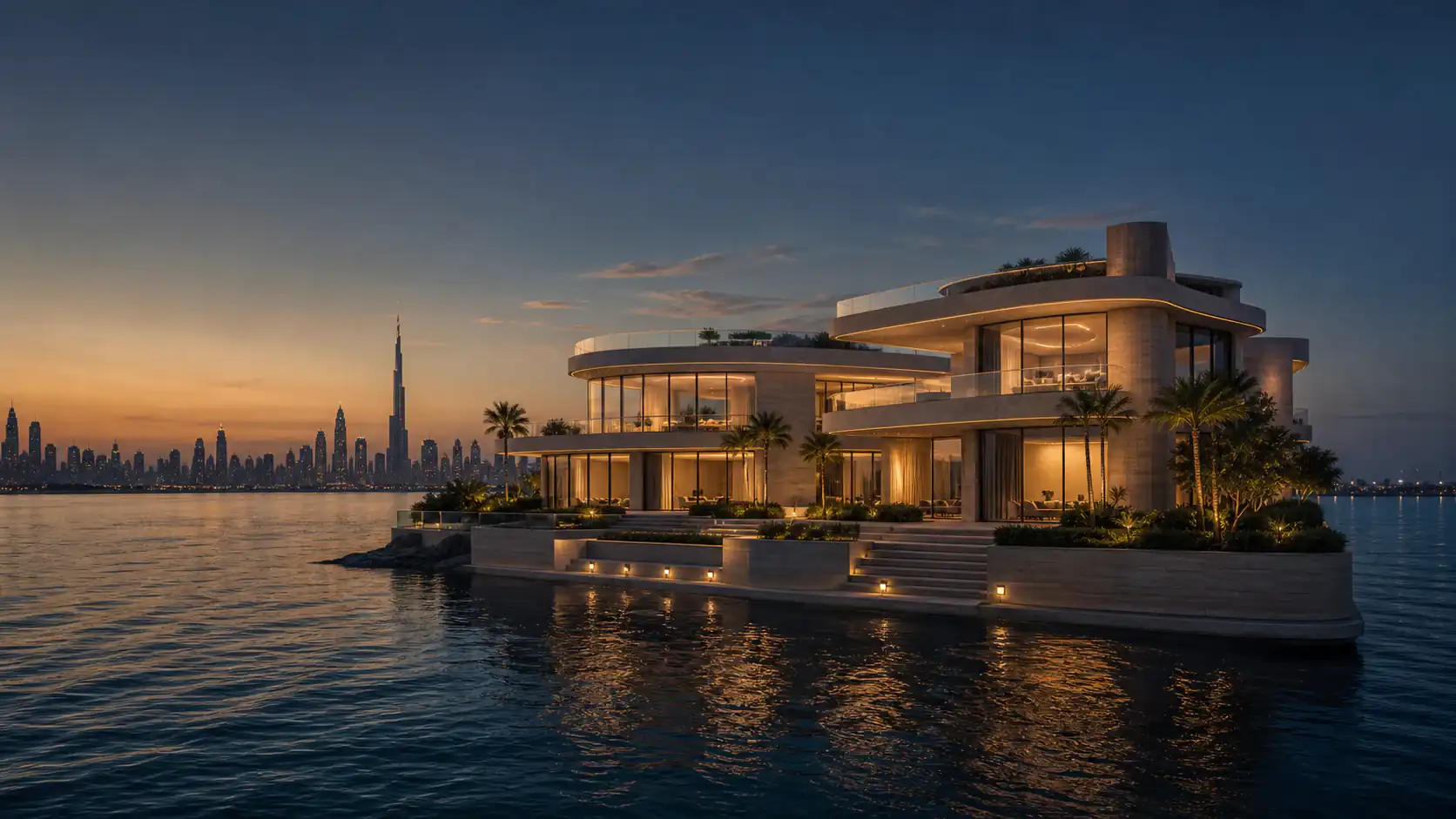 Contemporary waterfront residence at blue hour with the Dubai skyline in the distance